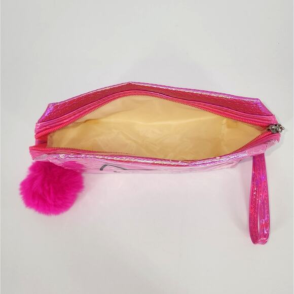 Holographic Pink "Meow" Cat Makeup Bag with Wrist Strap & Pom Pom - Picture 3 of 3